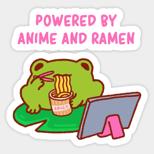 Powered by anime and ramen, anime fan, funny anime quote, cute anime lover frog Sticker